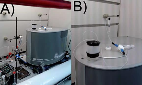 Magritek Spinsolve benchtop NMR shown in fume cupboard configured for reaction monitoring in the laboratories of Professor Lee Cronin of the University of Glasgow